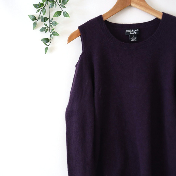 Peck & Peck Luxury Dark Purple Cashmere Cold Shoulder Sweater Size Medium - Picture 2 of 4